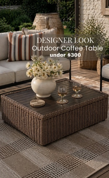 outdoor coffee table, patio coffee table, wicker coffee table, garden table, patio furniture, outdoor side table, sale promotion, brand awareness, lifestyle, outdoor, warm, luxurious, brown, neutral, green